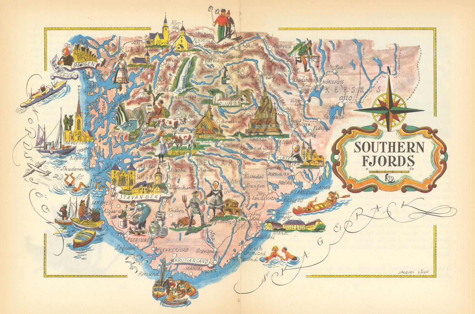 Southern Fjords small pictorial map by Jacques Liozu. Norway 1952 old